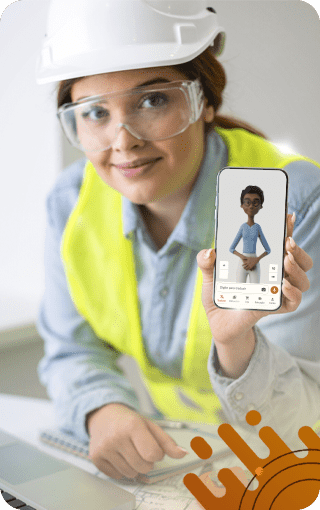Mulher com roupas de indústria (capacete, óculos de proteção, colete) segura um celular enquanto sorri. Na tela, o Hand Talk App.