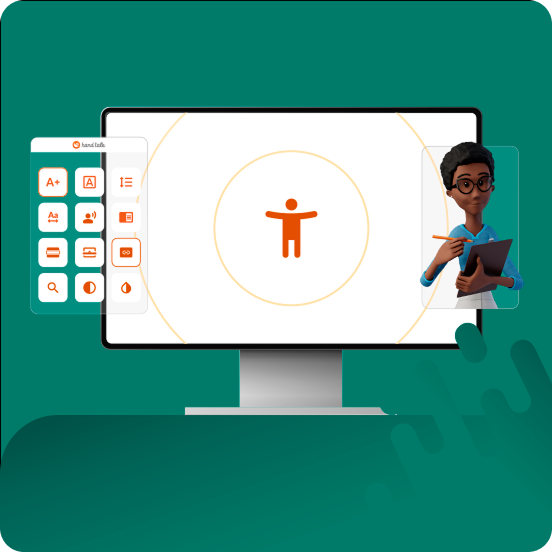 Fundo verde. Ilustração que demonstra o Hand Talk Plugin: uma tela de computador com o símbolo da acessibilidade. Ao lado, símbolos que representam os recursos assistivos.
