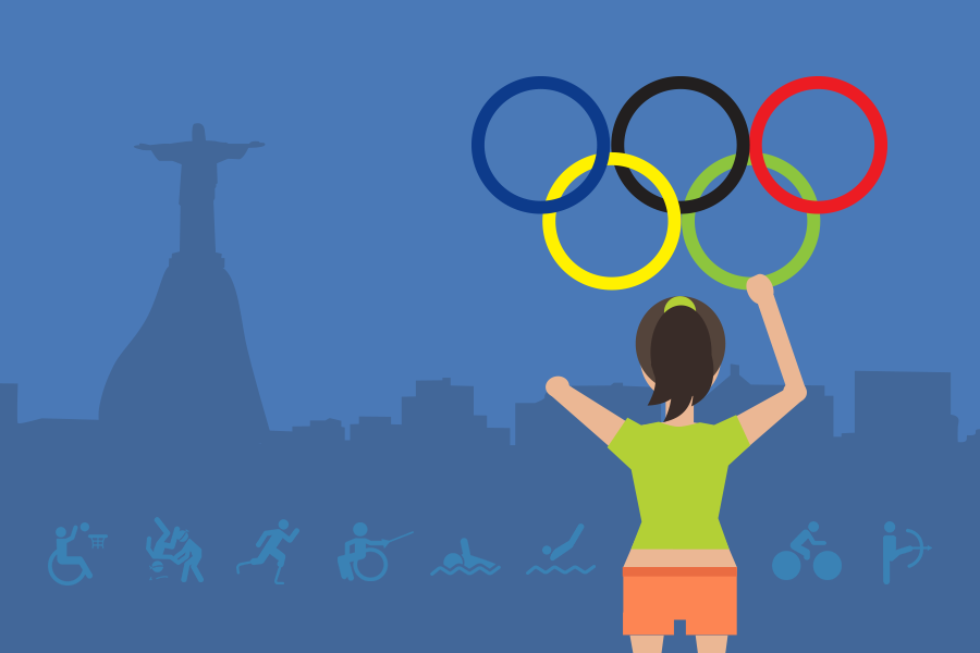 Menina segurando as argolas das olimpíadas, somente com um braço, pois ela não tem o outro. Ela está olhando para a paisagem do Rio de Janeiro. Ao fundo tem o cristo redentor e também bonecos representando vários esportes paralímpicos.