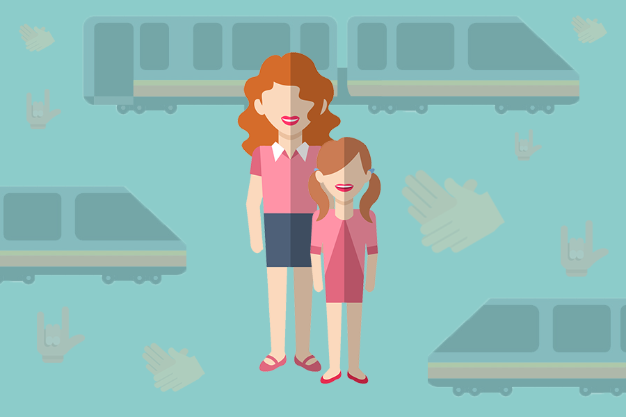 Fundo azul, com ilustrações de trens e mãos sinalizando em Língua de Sinais. No centro, a a ilustração de uma mulher adulta e uma criança. Ambas de cabelos ruivos e roupa e sapato rosa.
