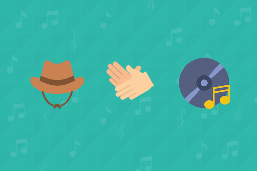Fundo azul. No centro a ilustração de um chapéu de cowboy, duas mãos sinalizando em Língua de Sinais e um CD com o símbolo de música.