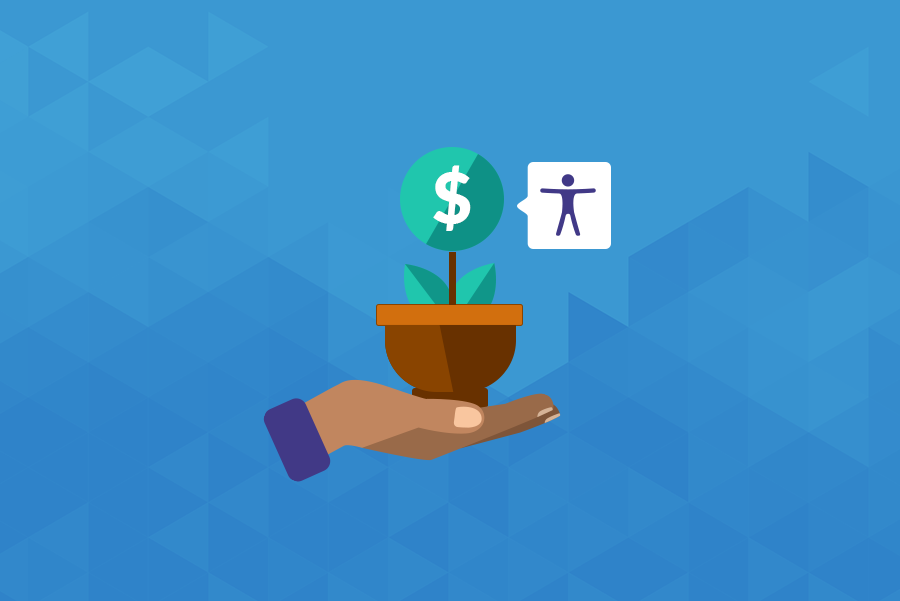 Fundo azul com textura geométrica. No centro, a ilustração de uma mão segurando um vaso com uma planta com um "$" e o símbolo da acessibilidade.