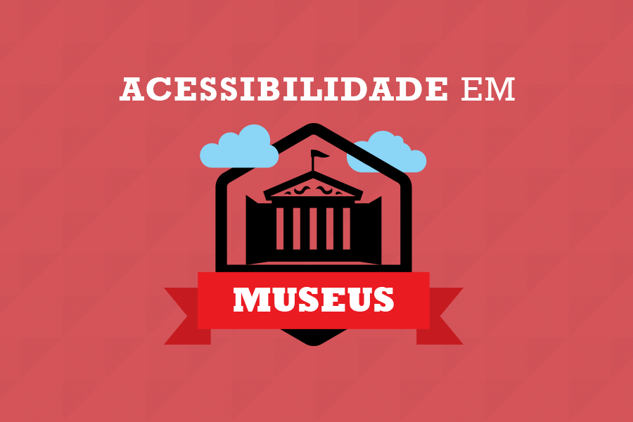 Fundo rosa. No centro está escrito: Acessibilidade em Museus.