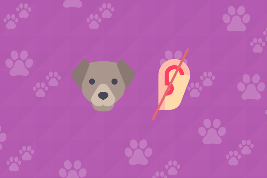 Fundo roxo, com patinhas de cachorro. No centro, a ilustração de um cachorro marrom e ao lado uma orelha com um risco vermelho (surda).