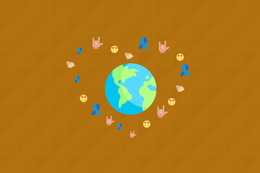 globo mundial cercado de símbolos da libras e emoji com corações nos olhos, formando um coração, fazendo uma imagem ilustrando o universo língua de sinais