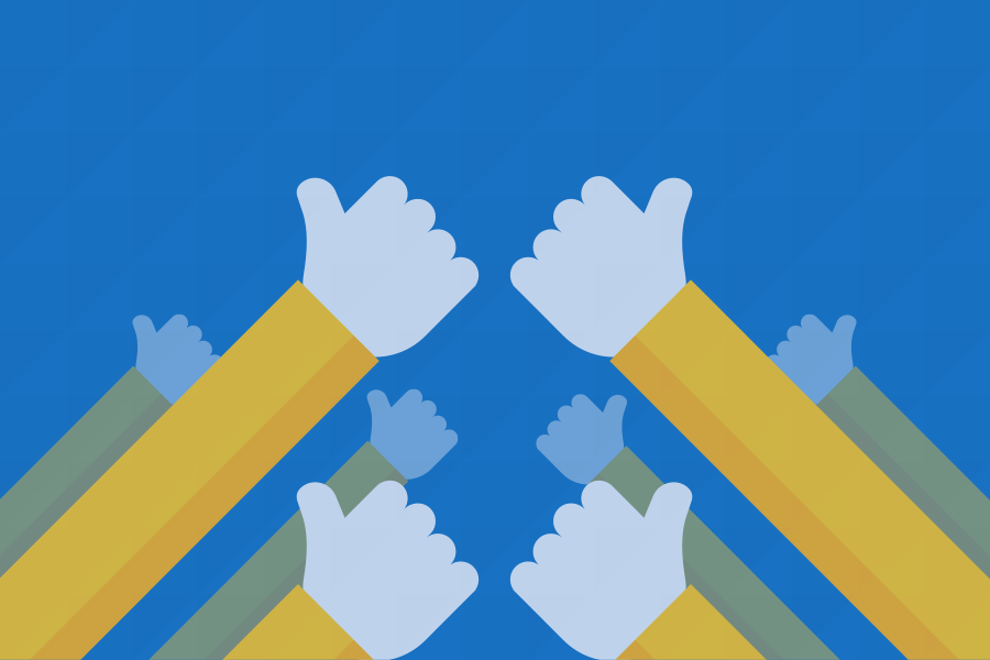 Setembro Azul: Imagem retangular de fundo azul escuro. Simetricamente, à direita e há esquerda, há uma sequência de braços de manga amarela e mãos azuis fazendo o sinal de positivo. Fim da descrição