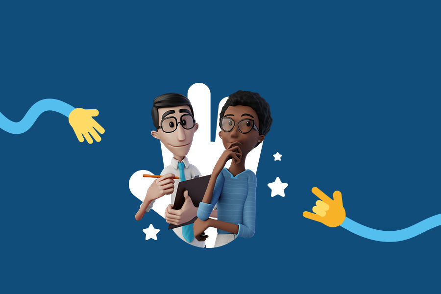 Nossos intérpretes virtuais Hugo e Maya estão sorrindo. O fundo é azul, com ilustrações de mãos.
