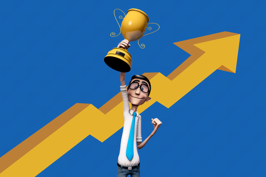 Fundo azul e ícone de um gráfico de crescimento. Ao centro está o Hugo, intérprete virtual da Hand Talk, erguendo um troféu amarelo.