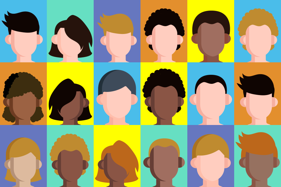 Imagem com fundo quadrangular colorido. Em cada quadrado está o ícone do rosto de uma pessoa. São rostos de homens e mulheres negros, morenos e brancos.