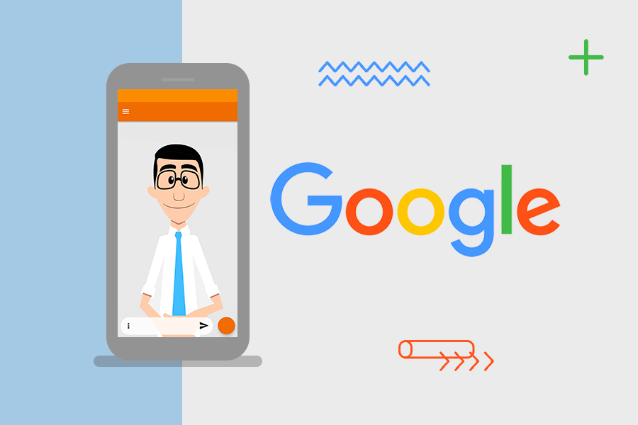 Fundo cinza. Do lado esquerdo a ilustração de um smartphone com o app da Hand Talk aberto. Do lado direito está escrito "Google"