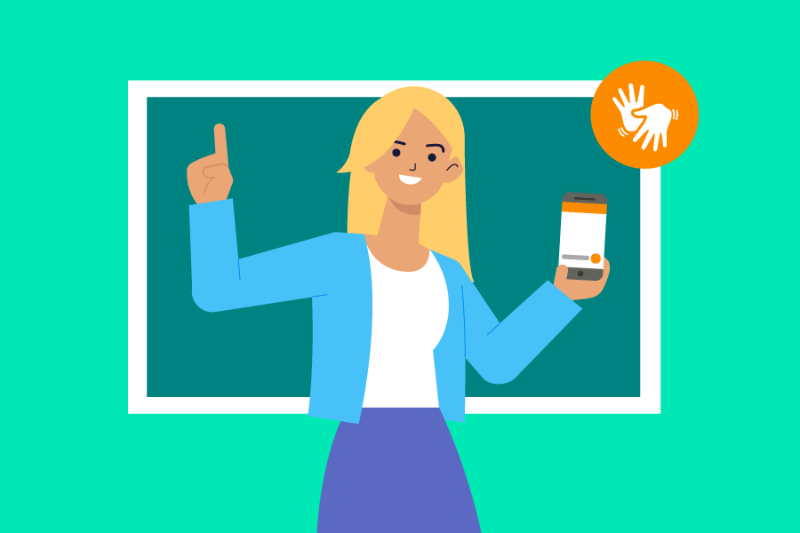 Fundo verde com a ilustração de uma professora na frente da lousa. Ela está segurando um celular com o aplicativo da Hand Talk.
