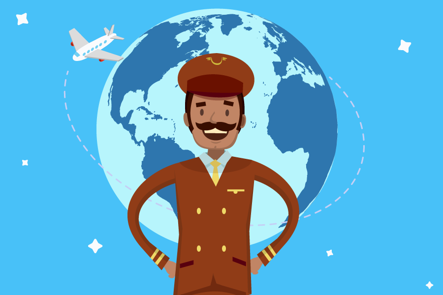 Piloto Surdo: Fundo azul. No centro da imagem está a ilustração de um piloto vestido com um uniforme e quepe marrons na frente de um globo terrestre com um avião voando em volta.