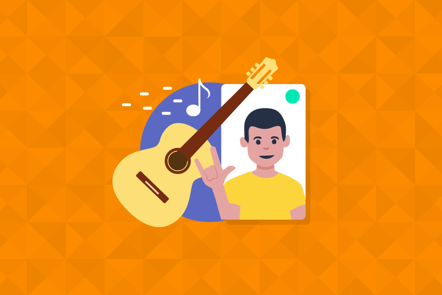 Blog Post Lives Sertanejas: fundo laranja com ilustração de um intérprete dentro de uma janela de Libras e ao lado dele, na mesma tela, um violão e sinais de notas musicais saindo dele. Fim da descrição
