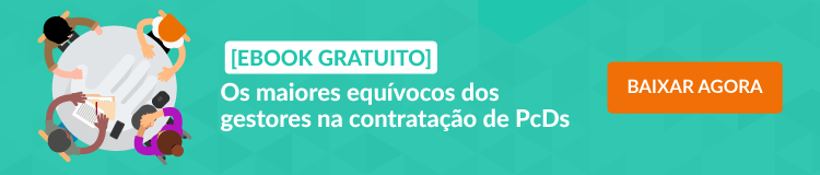 Fundo retangular azul. No canto esquerdo, uma mesa redonda vista de cima com quatro pessoas sentadas ao redor de volta. No centro, lê-se "Ebok gratuito. Os maiores equívocos dos gestores na contratação de PcDs". Na direita, um retângulo laranja com texto em branco que diz "baixar agora".
