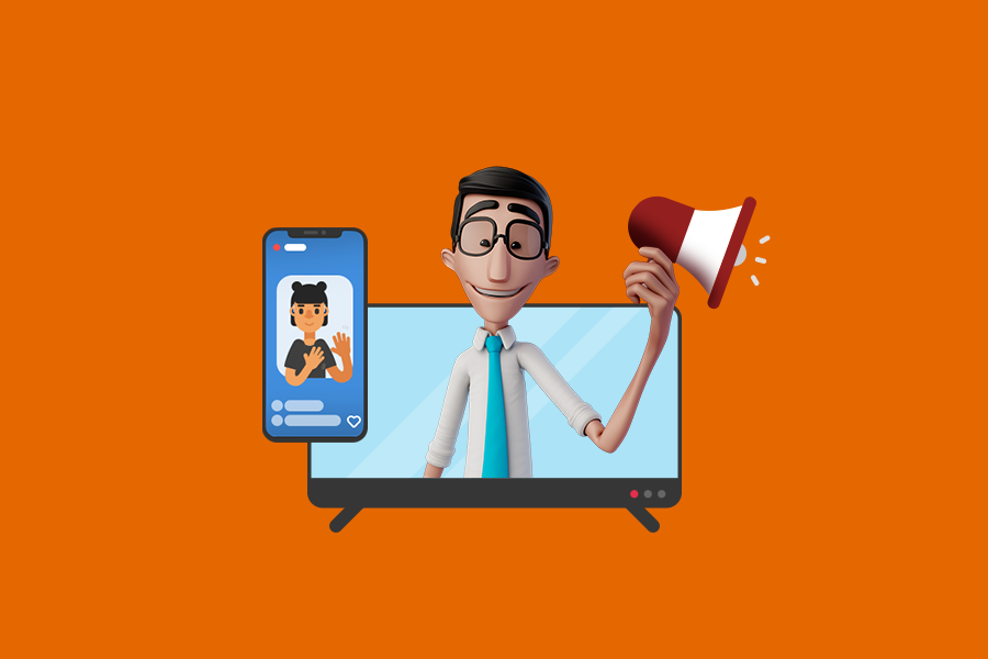 Fundo laranja. No centro, o Hugo está ao centro de uma tela de TV, segurando um megafone. Ao seu redor, a ilustração de um smartphone.