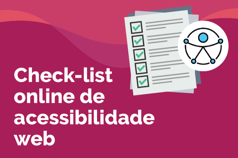 Banner do material da Hand Talk com sinal de acessibilidade e uma folha com check points com o texto "Check-list online de acessibilidade web" escrito à esquerda