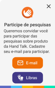 Imagem da tela de pesquisa do Hand Talk Plugin. Nela existe uma mensagem convidando as pessoas para participarem e um botão para deixar o contato de email.