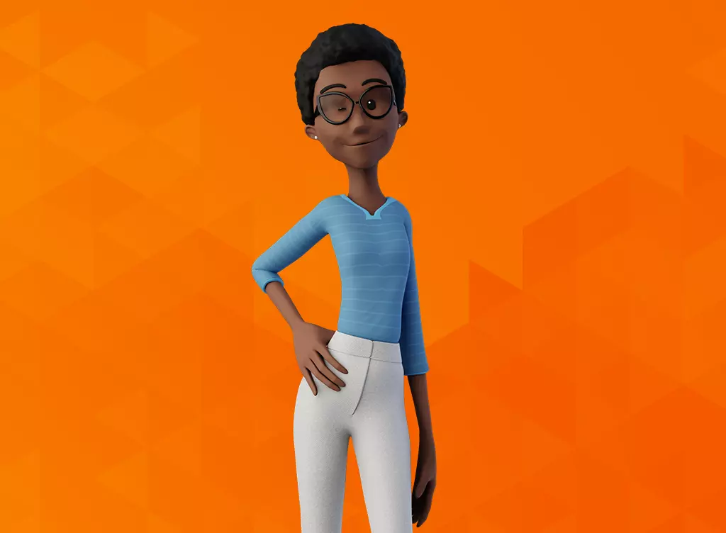 Ilustração com fundo laranja que contém mulher ao centro em pé com mão direita na cintura, piscando olho direito. Ela tem cabelo curto escuro, pele negra, óculos preto, blusa azul, calça branca. Representa nosso avatar Maya.