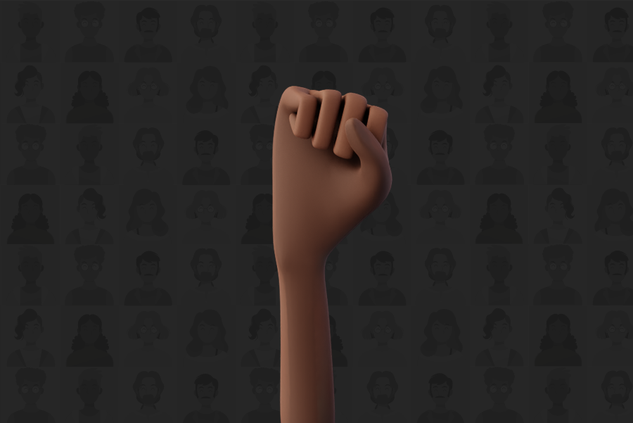 Imagem de fundo preto e com a mão da maya nossa tradutora de Libras com o punho cerrado para cima, simbolizando a luta contra o racismo que o dia da consciência Negra reforça.