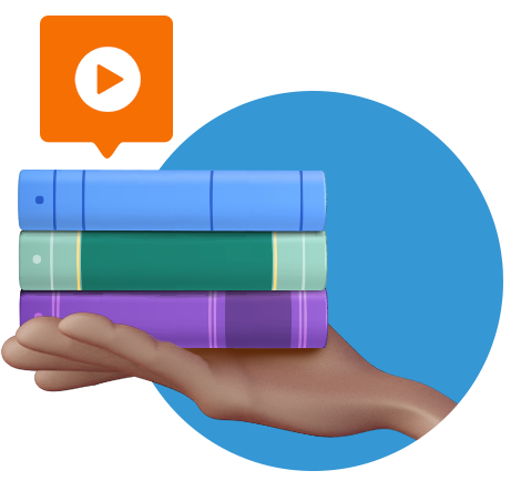 Ilustração de uma mão segurando 3 livros coloridos. No topo um ícone de vídeo.