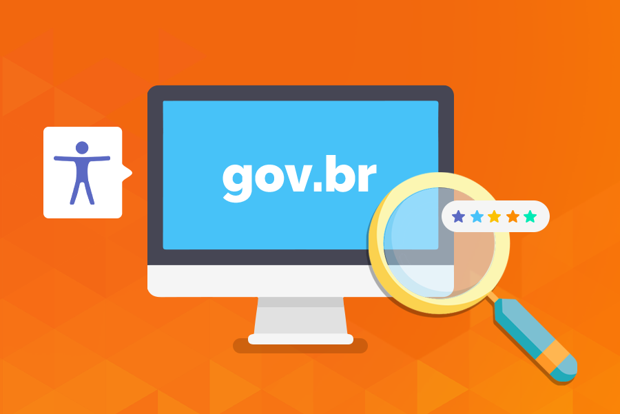 Capa blog post sobre acessibilidade das páginas governamentais. Imagem retangular na horizontal de cor laranja ao fundo. No centro existe uma ilustração de um computador com o texto "gov.br" na tela.