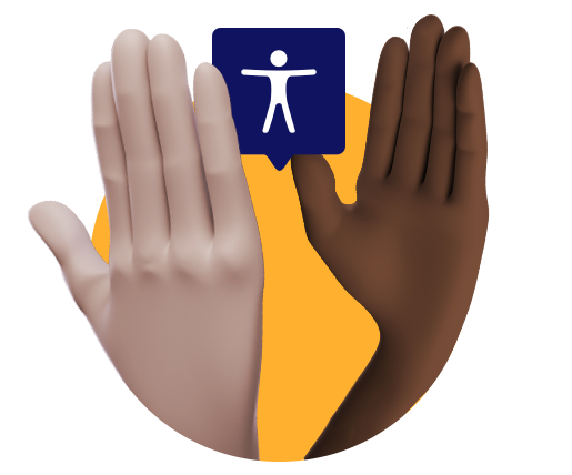 A ilustração de uma mão branca e uma mão negra de frente uma para a outra. Entre elas, o símbolo da acessibilidade.