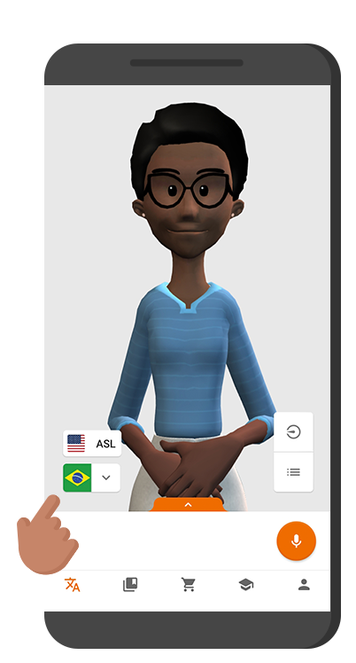 Ilustração do app da Hand Talk aberto com a Maya e uma mãozinha clicando no ícone da bandeira do Brasil.