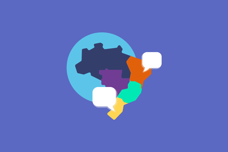 Fundo roxo. No centro, uma ilustração do mapa do Brasil, destacando as regiões do país com cores diferentes. Espalhados pelo mapa, balões de fala.