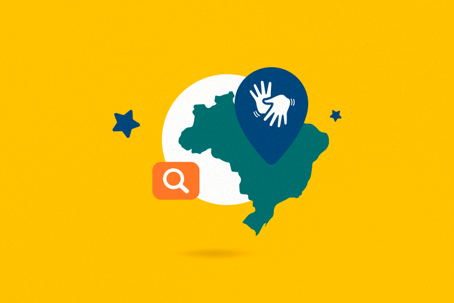Fundo amarelo. No centro, a ilustração do mapa do Brasil em verde, o símbolo da Libras e um ícone de pesquisa do Google.