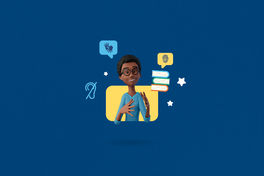 Capa do blog post "Ensino de Libras". Ilustração da Maya sorrindo e sinalizando a frente de um fundo azul. Ao redor dela, ícones de livros, surdez, Libras e uma impressão digital.