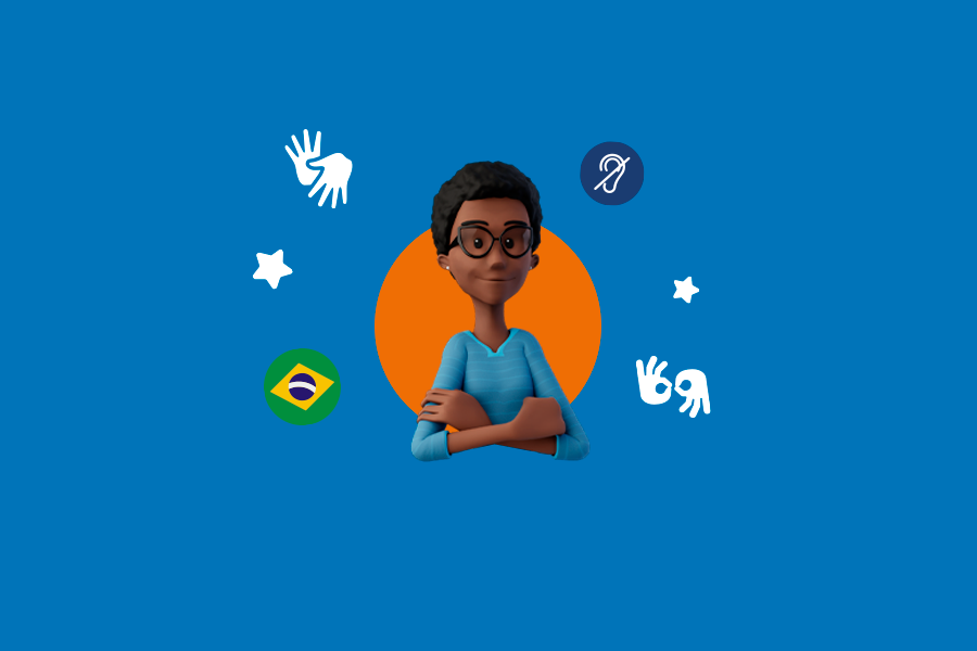 Ilustração da Maya sorrindo de braços cruzados. Ao redor dela aparecem os ícones da bandeira do Brasil, da Libras, ASL e surdez.