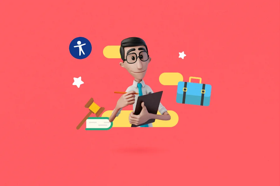 Hugo está segurando uma prancheta e um lápis na mão. Ao redor dele, ilustrações de um livro, martelo de juiz, uma pasta e o ícone de uma pessoa.