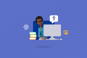 A Maya está sorrindo sentada atrás de um computador. Ao redor dela, estão os ícones de tecnologia, acessibilidade e livros