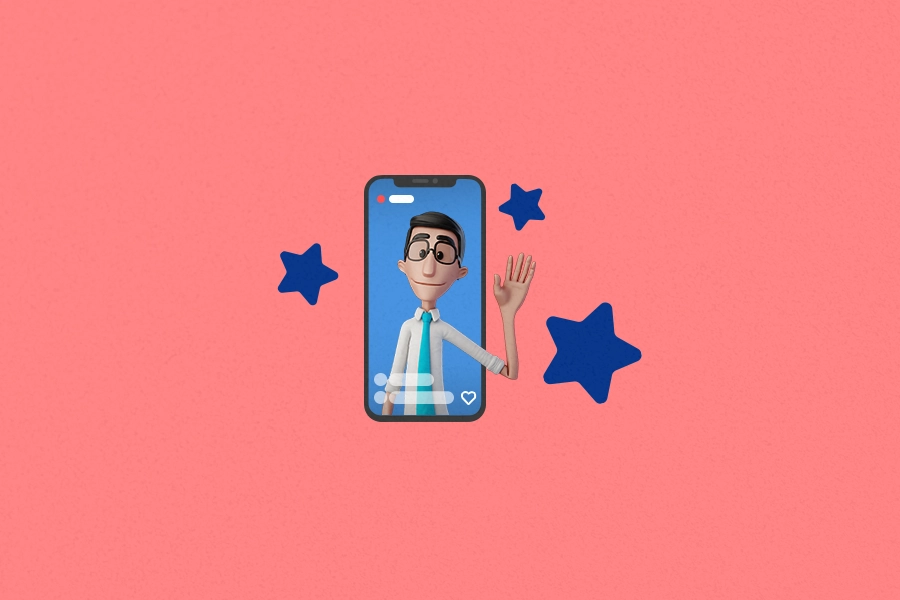Capa do post "Influenciadores em acessibilidade". Fundo rosa. No centro, a imagem do Hugo está dentro de um celular e ele está sorrindo e acenando. Ao redor dele, três estrelas azuis.
