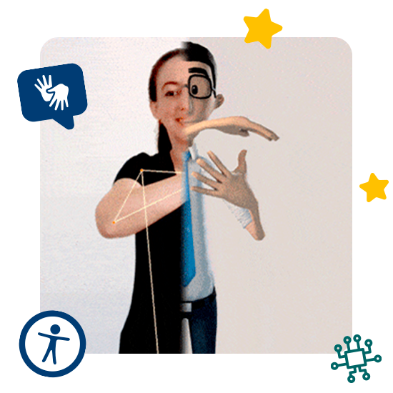 Imagem que retrata metade de um pessoa sinalizando em Libras, e metade com nosso tradutor virtual Hugo complementando a sinalização.
