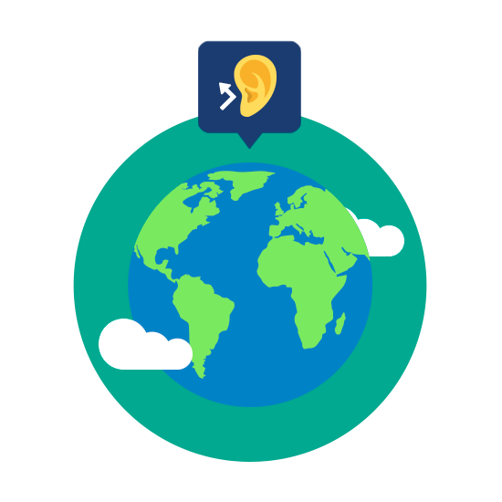 Ilustração do planeta terra, com um ícone de uma orelha e uma setinha apontando para fora, representando a deficiência auditiva. Ao fundo uma esfera na cor verde.