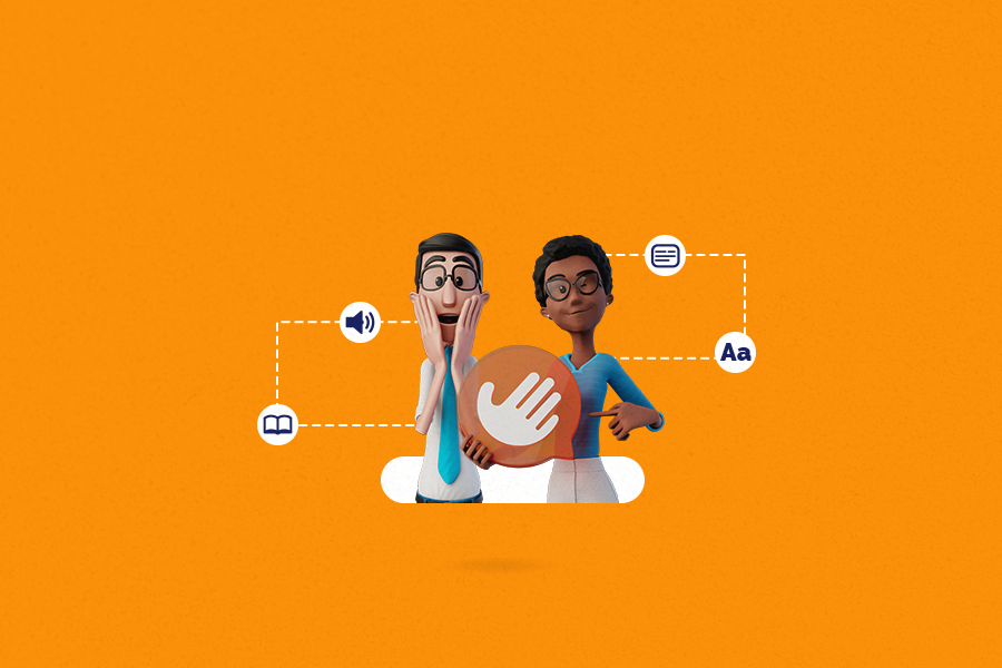 Capa do blog post sobre a atualização do Hand Talk Plugin 9. Fundo laranja. No centro está o Hugo com as mãos no rosto e expressão de surpresa. Ao lado está a Maya, sorrindo e apontando para o logo da Hand Talk que ela está segurando. Ao redor deles, diferentes ícones de texto e som.