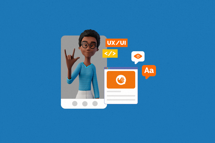 Capa do artigo sobre o Hand Talk Plugin e UX. Fundo azul. No centro, a ilustração de algumas telas com a Maya dentro, sorrindo. Ao lado, ícones de acessibilidade e UX.