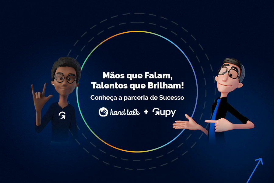 Capa do case de acessibilidade da Gupy. Fundo preto com um círculo preto com bordas coloridas no meio. Nele, está escrito "Mãos que Falam, Talentos que Brilham! Conheça a parceria de sucesso." Abaixo está o logo da Hand Talk e da Gupy. Dos dois lados do círculo estão o Hugo e a Maya sorrindo.