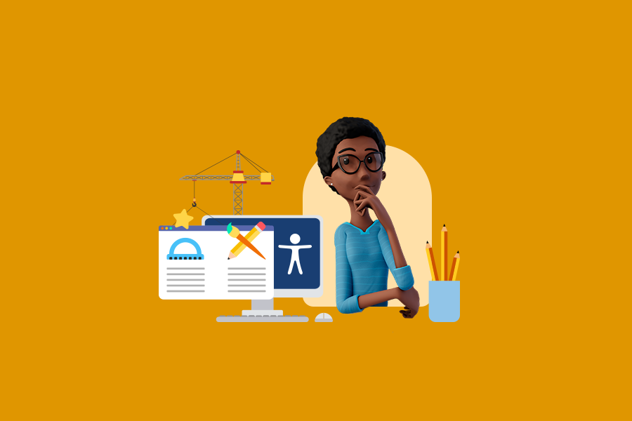 Capa do artigo sobre Tecnologia e Inclusão. Fundo laranja. Ilustração da Maya do lado direito, com os braços cruzados e uma mão apoiada no queixo, com olhar pensativo. Do seu lado, ilustrações de lápis, computador e ícones de construção e acessibilidade.