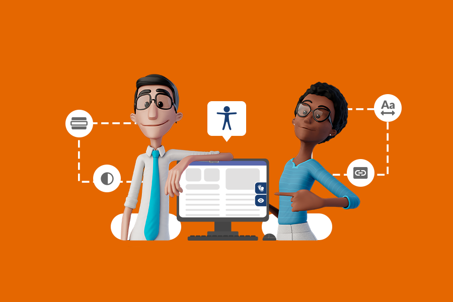 Capa do artigo sobre o Hand Talk Plugin 10. Fundo laranja. No centro, o Hugo e a Maya estão sorrindo. Entre eles há a ilustração de um computador, que conta com o Hand Talk Plugin. Acima, o ícone da acessibilidade. Ao redor, os ícones das novas funcionalidades.