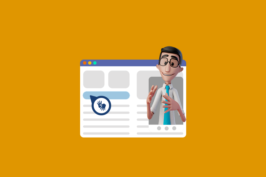 Capa do artigo sobre Libras em sites. Fundo laranja. No centro, a ilustração de uma página web e o Hugo dentro da janela de tradução sinalizando em Libras. Do lado esquerdo, o cursor do mouse aparece junto ao ícone da Libras.