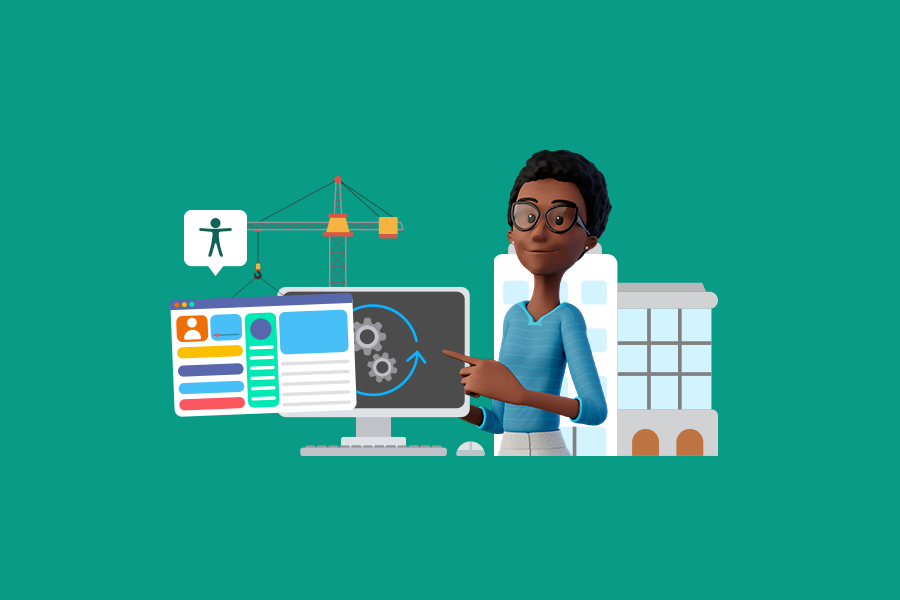 Fundo verde. No centro, a Maya está sorrindo e apontando para uma tela de computador ao seu lado, que mostra o ícone de construção e configurações. Ao lado, o ícone da acessibilidade.