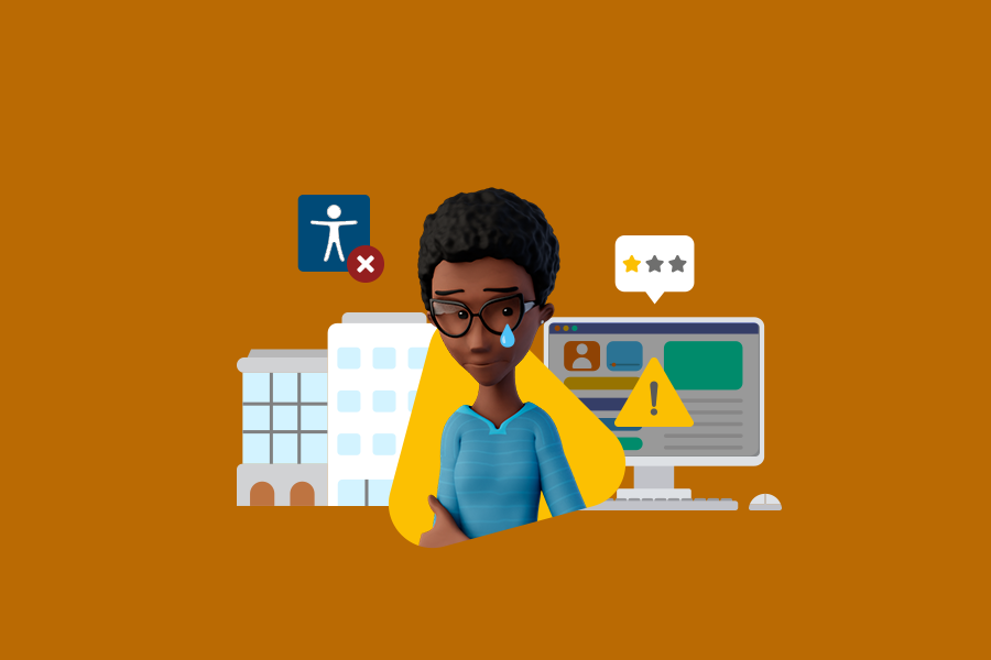 Capa do artigo sobre não investir em acessibilidade. Fundo laranja. No centro, a Maya está chorando. Ao redor dela, as ilustrações do ícone da acessibilidade com um X, alguns prédios e um computador com um ícone de alerta na tela.