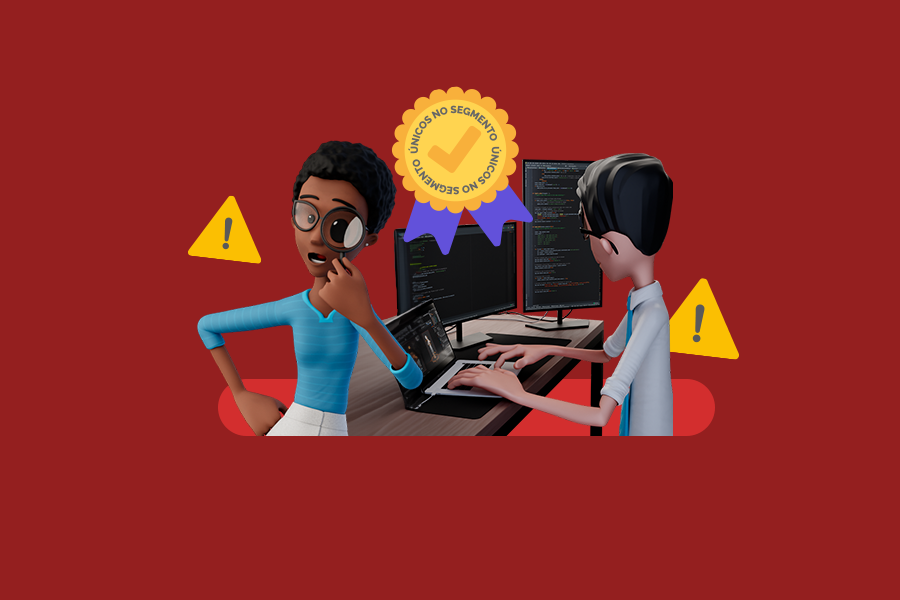 Capa do artigo sobre Pentest. Fundo vermelho. No centro, o Hugo está sentado, de costas, trabalhando com computadores. Ao seu lado está a Maya, com uma lupa na frente do seu rosto. Ao redor estão alguns sinais de alerta e o selo que diz "únicos no segmento".