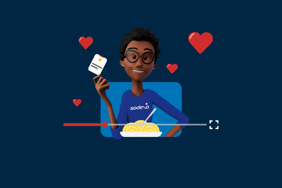 Capa do artigo sobre o Case Sodexo. Fundo azul-marinho. No centro, a Maya está segurando um cartão Sodexo. Ela veste uma camisa azul com a logo da Sodexo. Ao redor estão vários corações.
