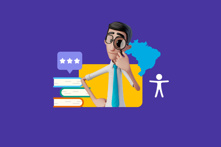 Capa do artigo sobre "Como incluir mais de 50 milhões de pessoas na audiência da sua empresa e ainda promover impacto social positivo?" A imagem possui um fundo roxo e no centro há uma ilustração do Hugo, tradutor virtual da Hand Talk. Ao redor do Hugo a ilustrações de uma pilha de livros, a silhueta do mapa do Brasil e o símbolo internacional de acessibilidade.