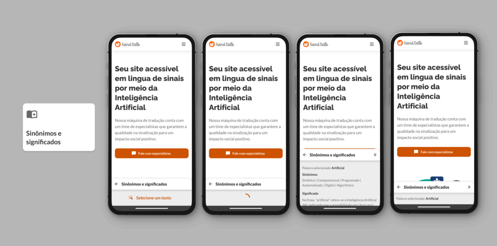 Quatro telas de celular estão uma ao lado da outra. Elas demonstram o funcionamento do Dicionário com IA: é selecionada a palavra "artificial", e aparecem os sinônimos: sintético, computacional, programado, automatizado, digital. 