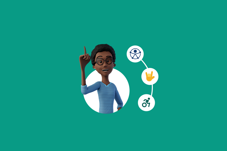 Nossa intérprete virtual Maya está sorrindo. O fundo é verde. Ao lado, estão ilustrações de ícones que representam acessibilidade.