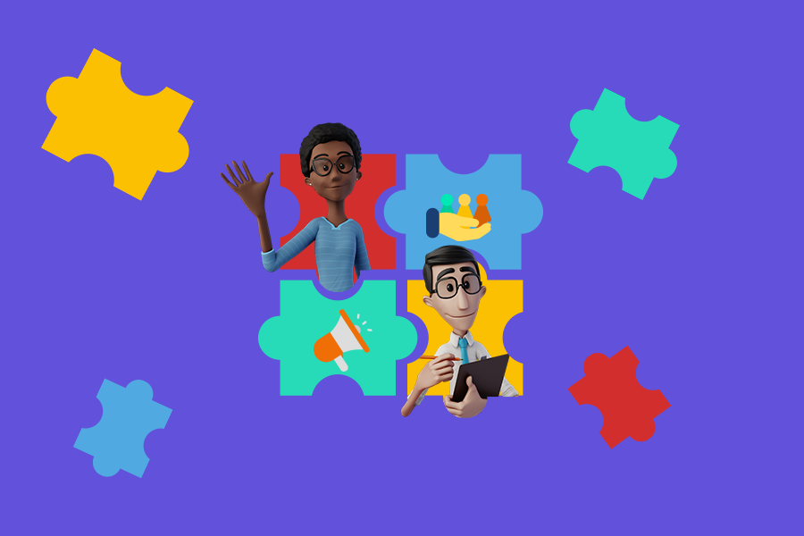 Maya e Hugo estão sorrindo sobre ilustrações de quebra-cabeças, megafone e outros símbolos que representam diálogo.